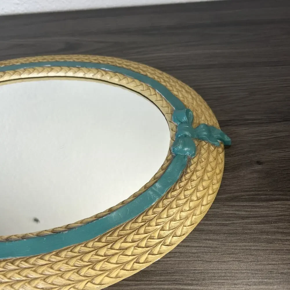 Vintage Burwood Faux Wicker Oval Mirror 2939 Teal Ribbon USA Wall Cottagecore